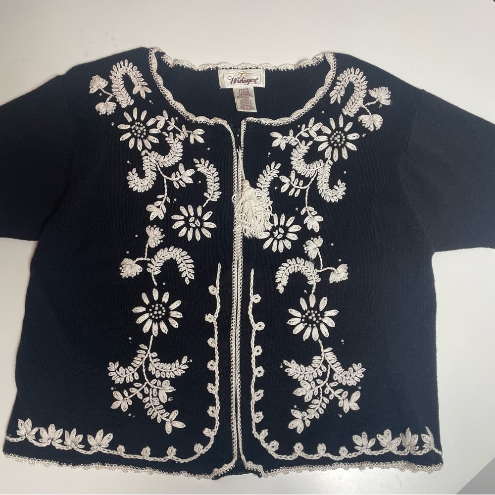 Worthington Black Short-Sleeve Cardigan with White Crochet Trim